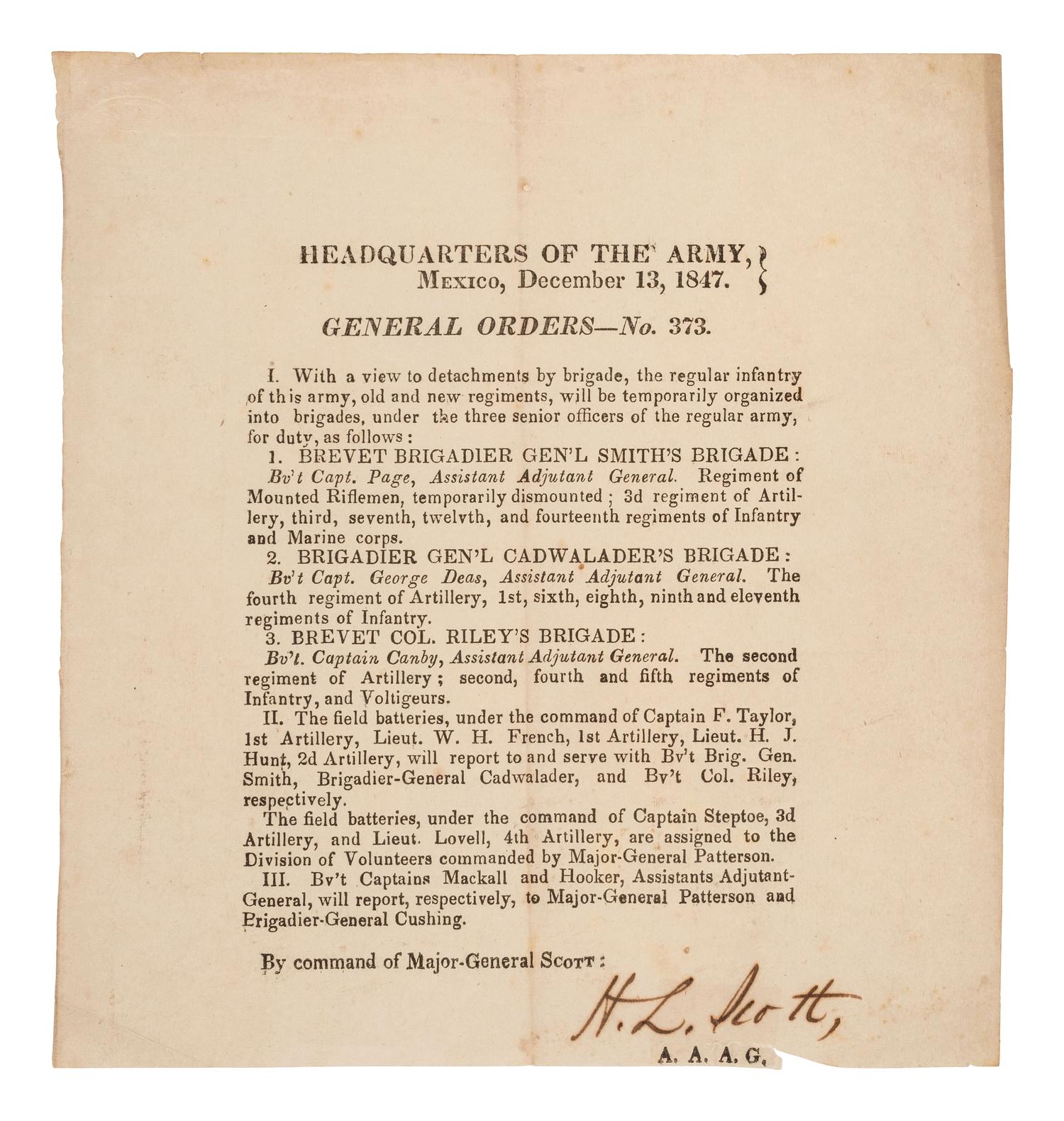 [MEXICAN-AMERICAN WAR]. SCOTT, Winfield (1786-1866). General Orders No. 373 . Mexico, 13 December 1847. Signed by Henry Lee SCOTT (1814-1886).