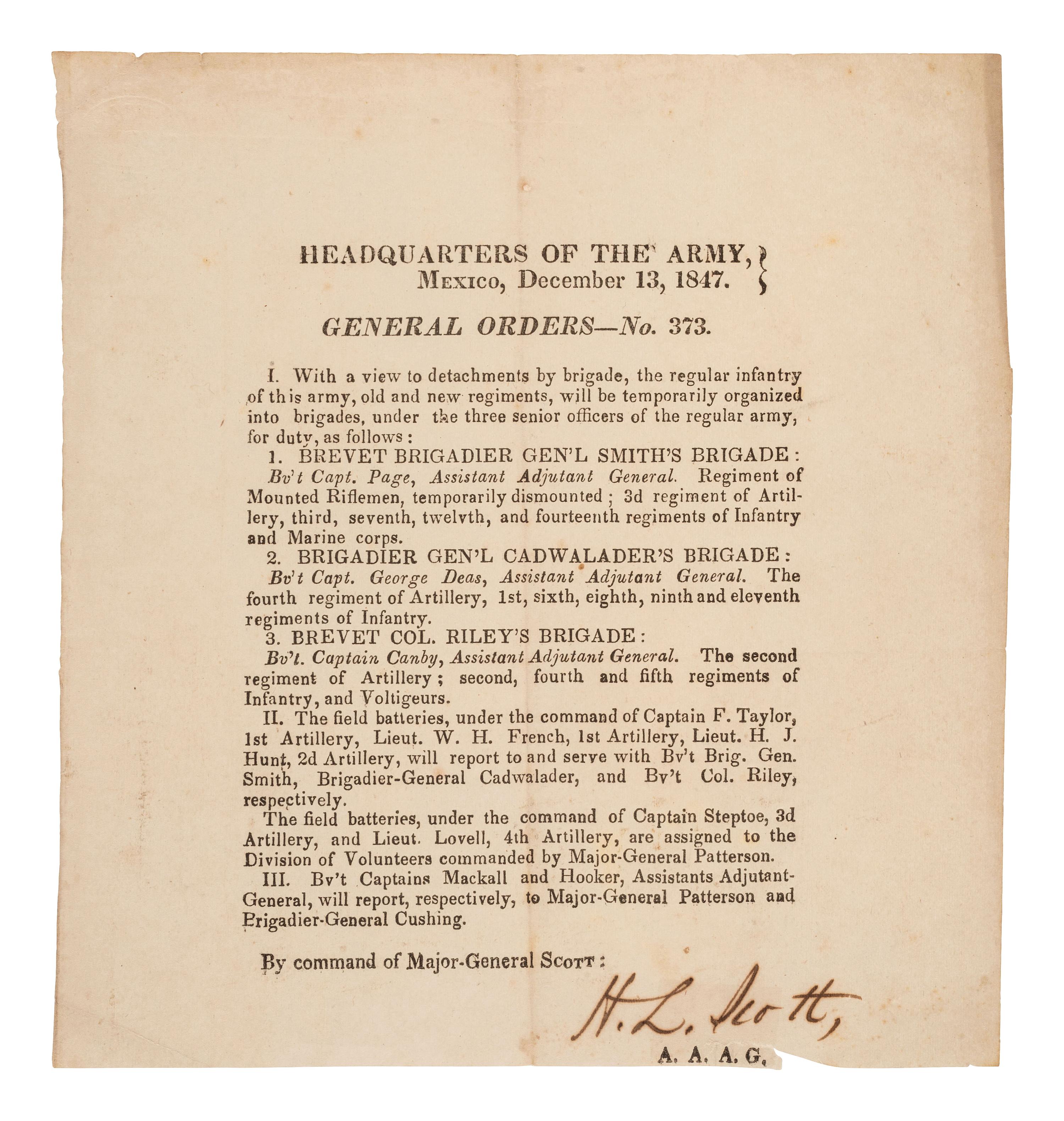 [MEXICAN-AMERICAN WAR]. SCOTT, Winfield (1786-1866). General Orders No. 373 . Mexico, 13 December 1847. Signed by Henry Lee SCOTT (1814-1886).