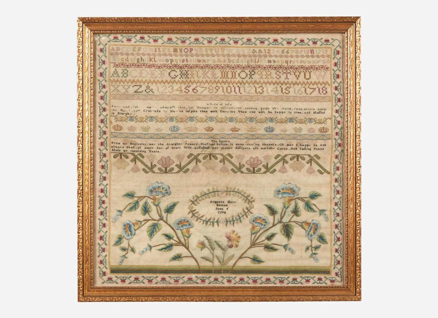 An English needlework sampler, Augusta Mary Horton, dated "June 6, 1798"