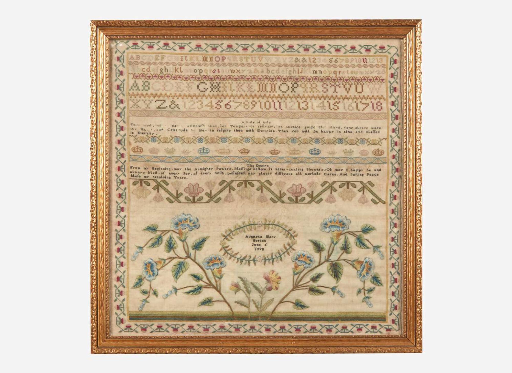 An English needlework sampler, Augusta Mary Horton, dated "June 6, 1798"