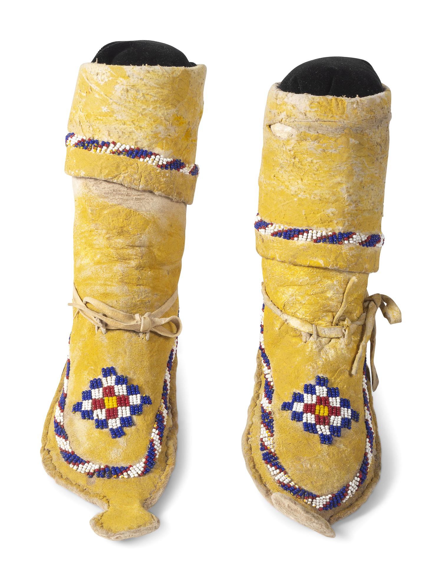 Apache Child's Beaded Boot Moccasins, with Yellow Ochre