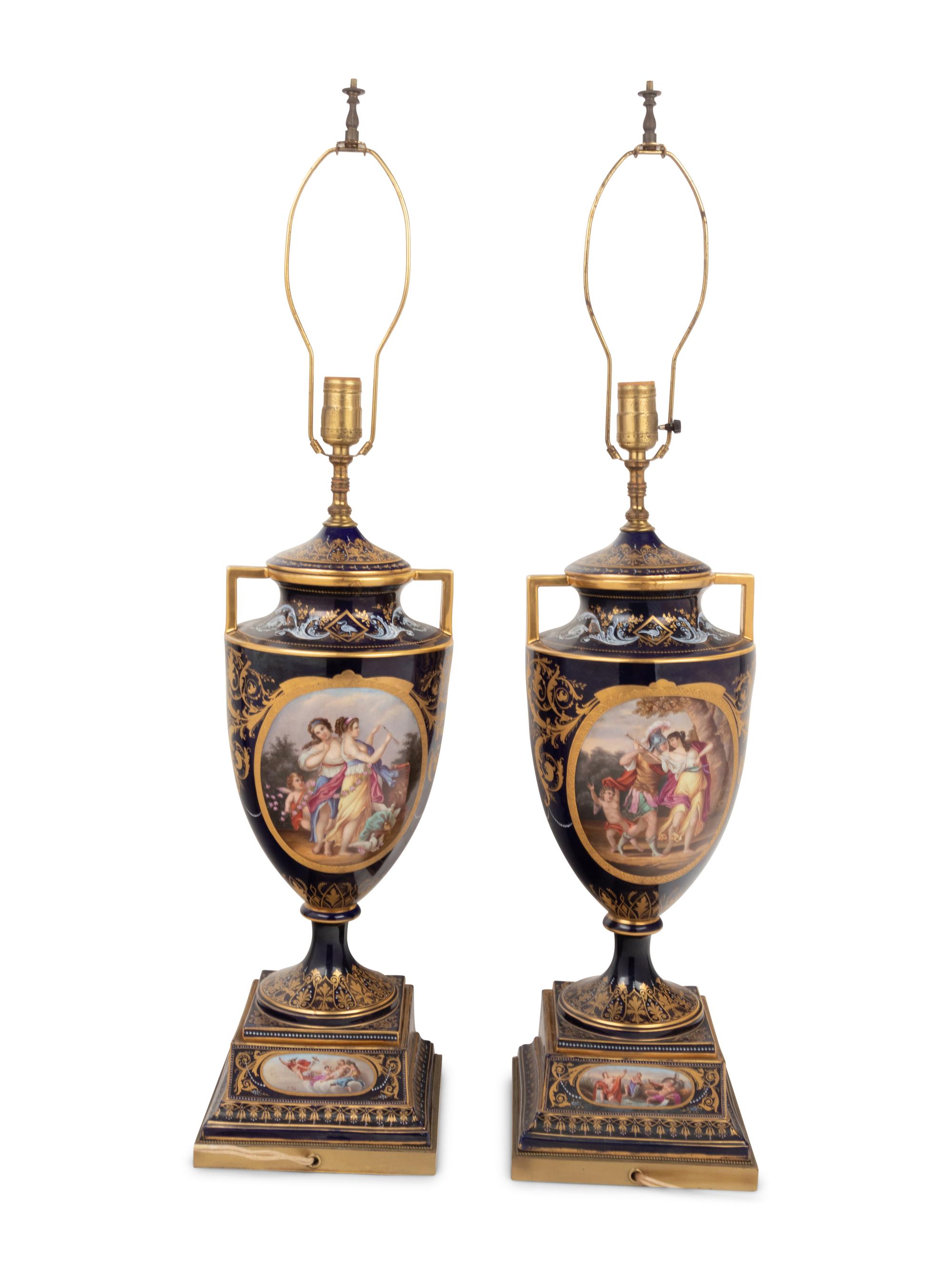 A Pair of Vienna Porcelain Urns Mounted as Lamps