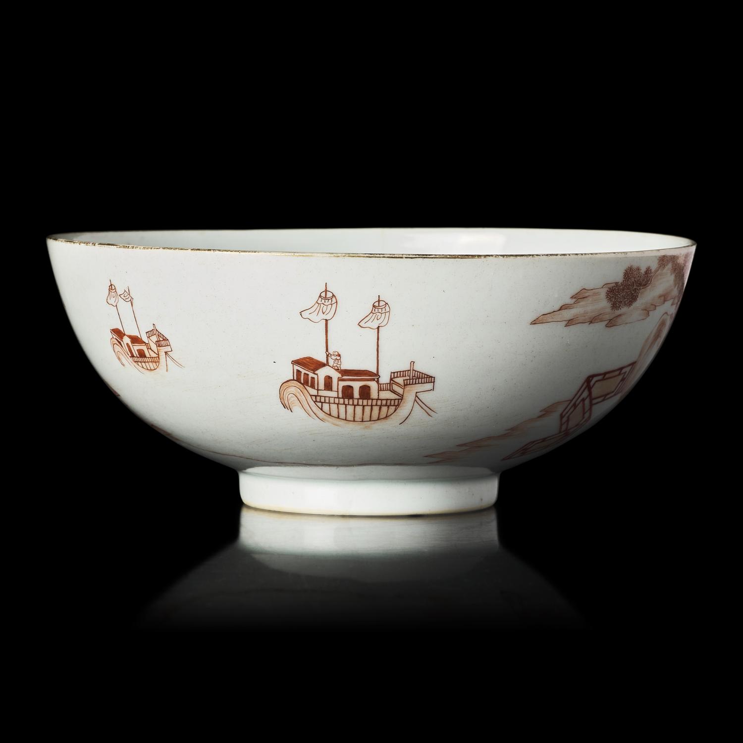 A Chinese Iron-Red Painted "Foreigners" Bowl, 18th Century — 清中期 礬紅彩人物故事圖碗