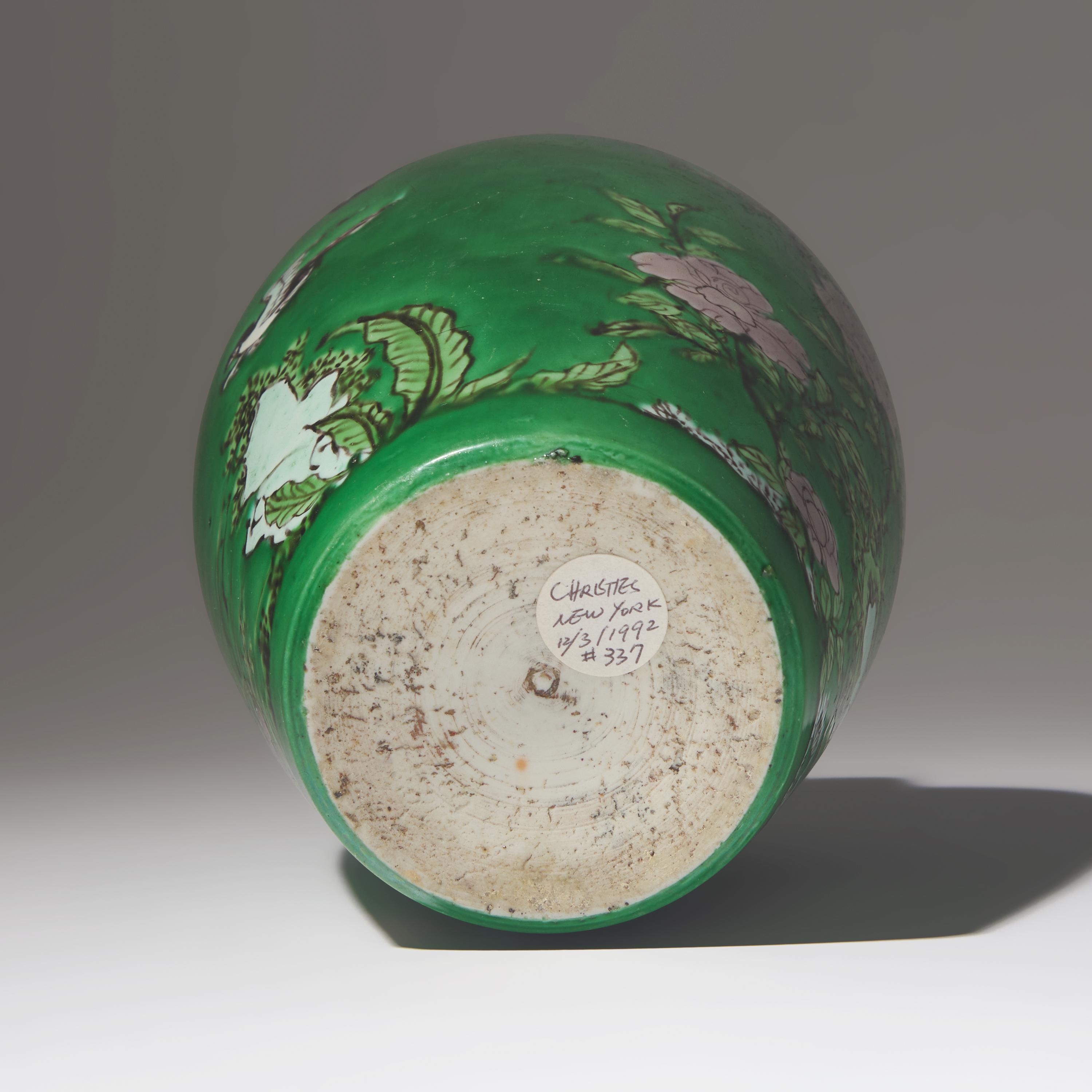 A Chinese Green Ground 'Birds and Bamboo' Porcelain Jar, Kangxi Period — 清康熙 綠彩繪花鳥竹石罐