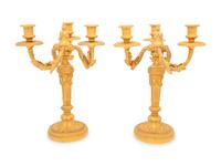 A Pair of Louis XVI Style Gilt Bronze Three-Light Candelabra