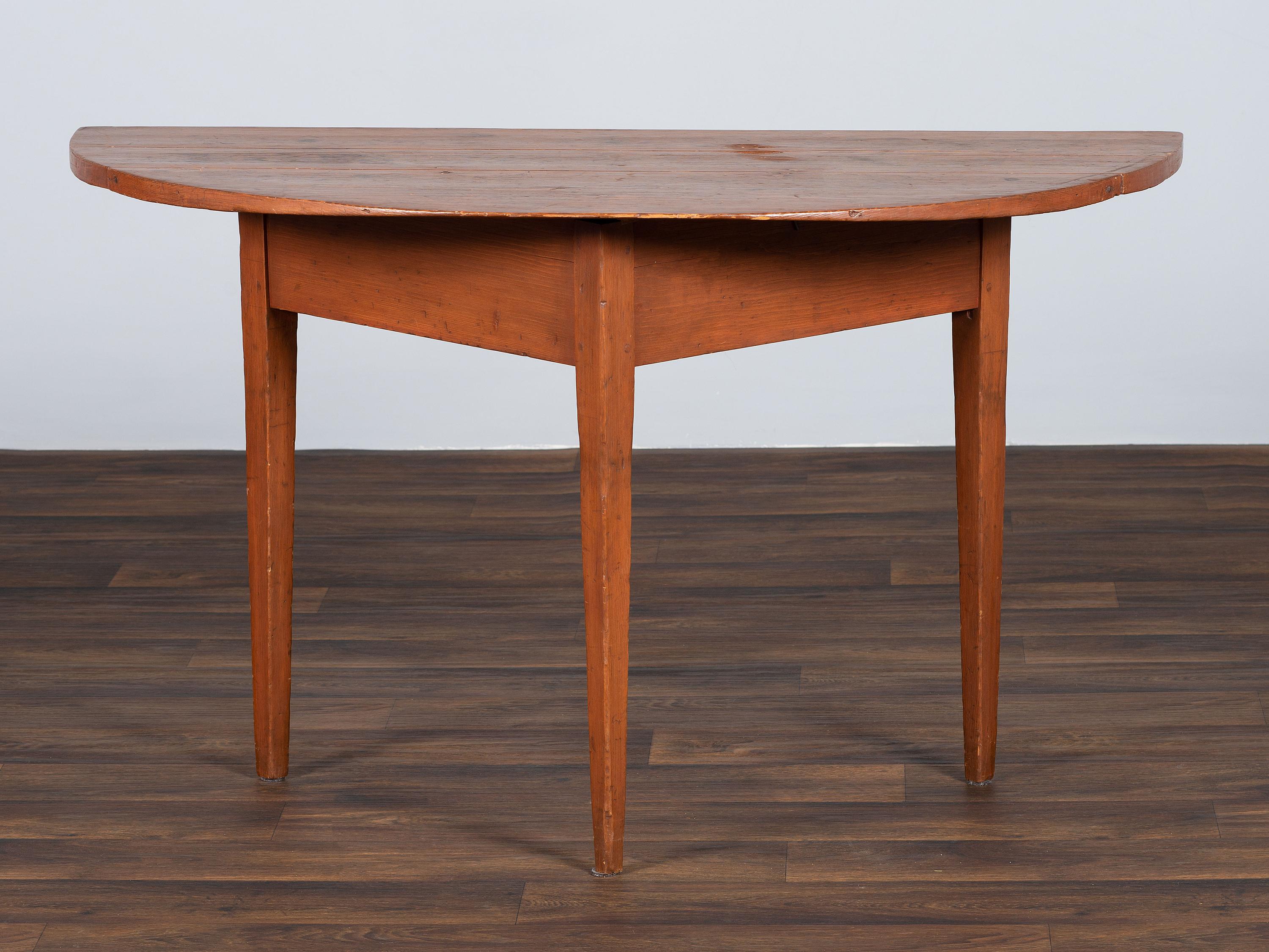 A Country Reddish Brown Painted Pine Demi-Lune Console Table