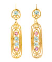 A Pair of Art Nouveau Yellow Gold, Blue Zircon and Pink Tourmaline Ear Pendants, Tiffany & Co., Designed by Louis Comfort Tiffany, 9.20