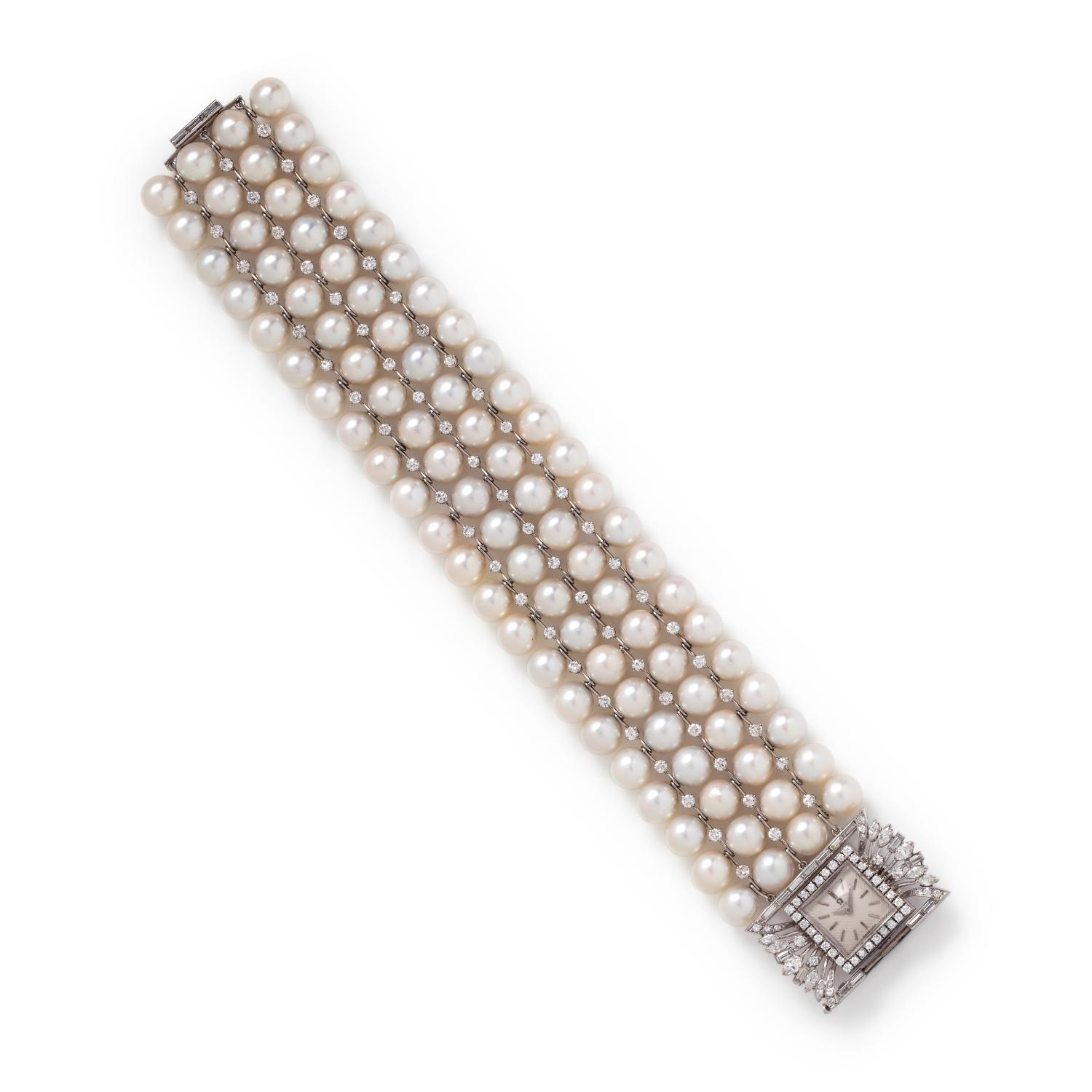 OMEGA, 18K WHITE GOLD, DIAMOND AND CULTURED PEARL WRISTWATCH