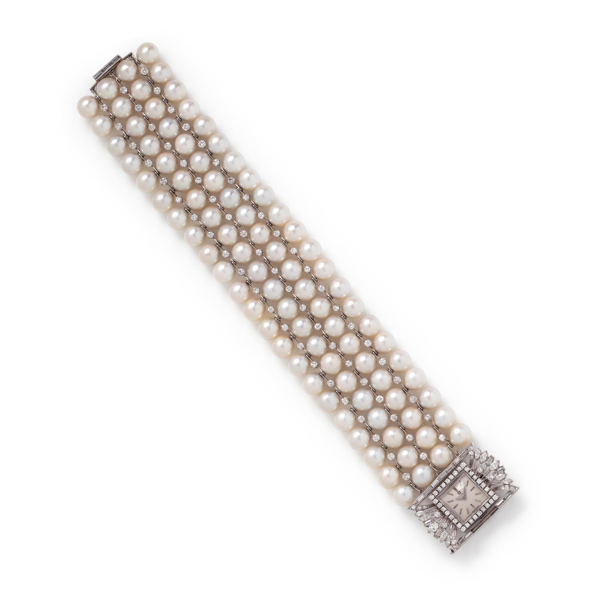 OMEGA, 18K WHITE GOLD, DIAMOND AND CULTURED PEARL WRISTWATCH