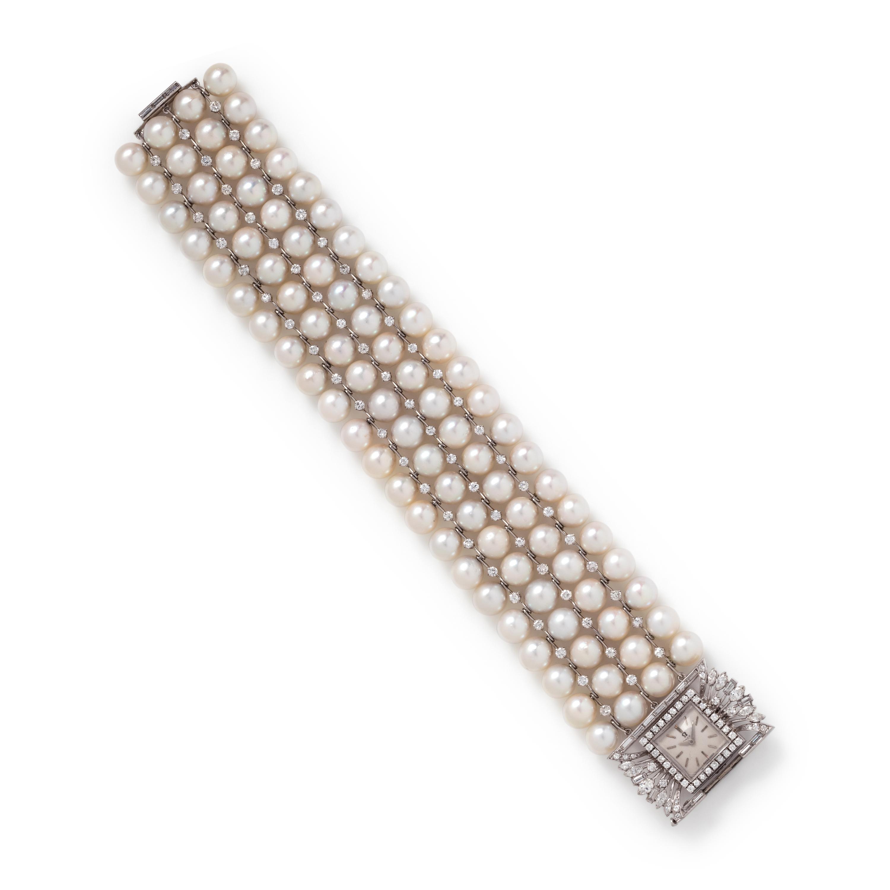 OMEGA, 18K WHITE GOLD, DIAMOND AND CULTURED PEARL WRISTWATCH