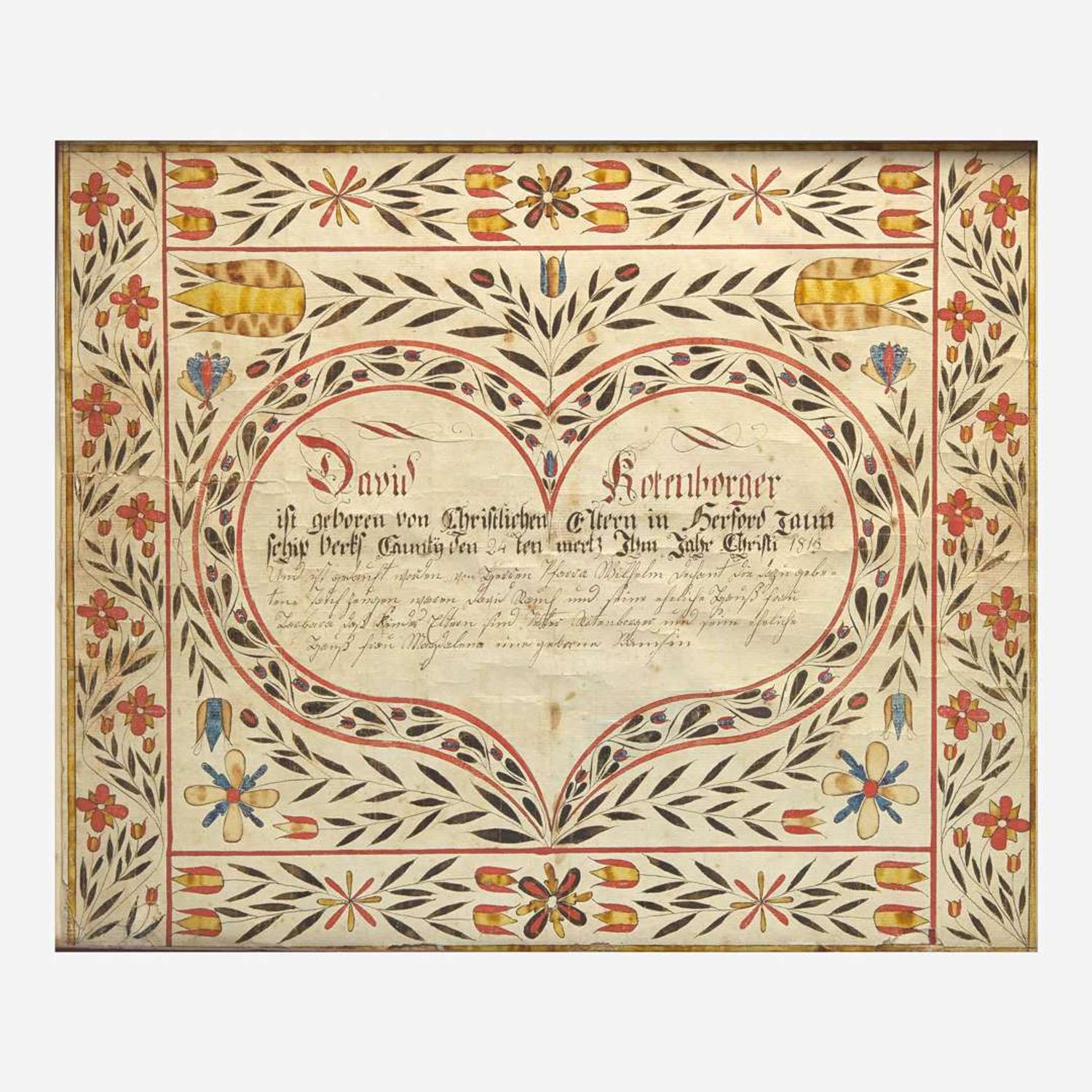 A Fraktur birth & baptism record for David Korenborger Berks County, PA, dated "1813"