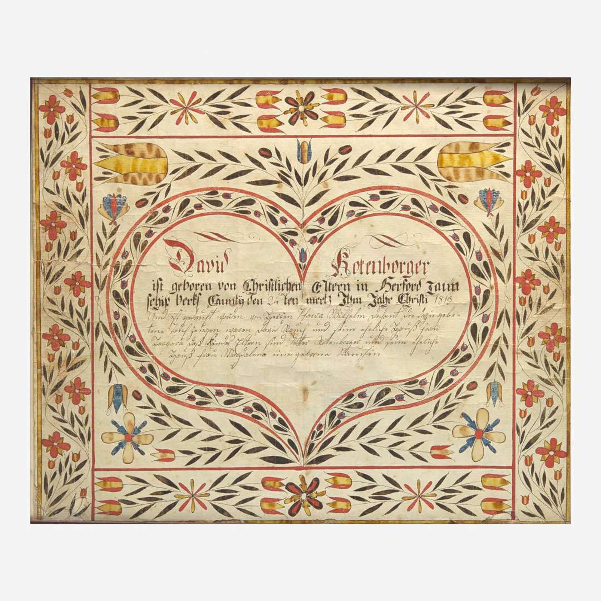 A Fraktur birth & baptism record for David Korenborger Berks County, PA, dated "1813"