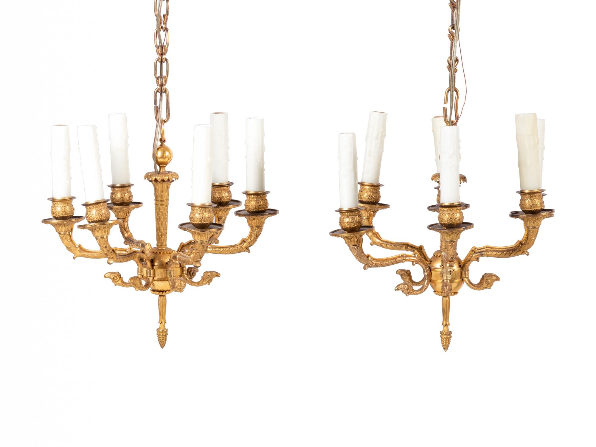 A Pair of Empire Gilt Bronze Six-Light Chandeliers