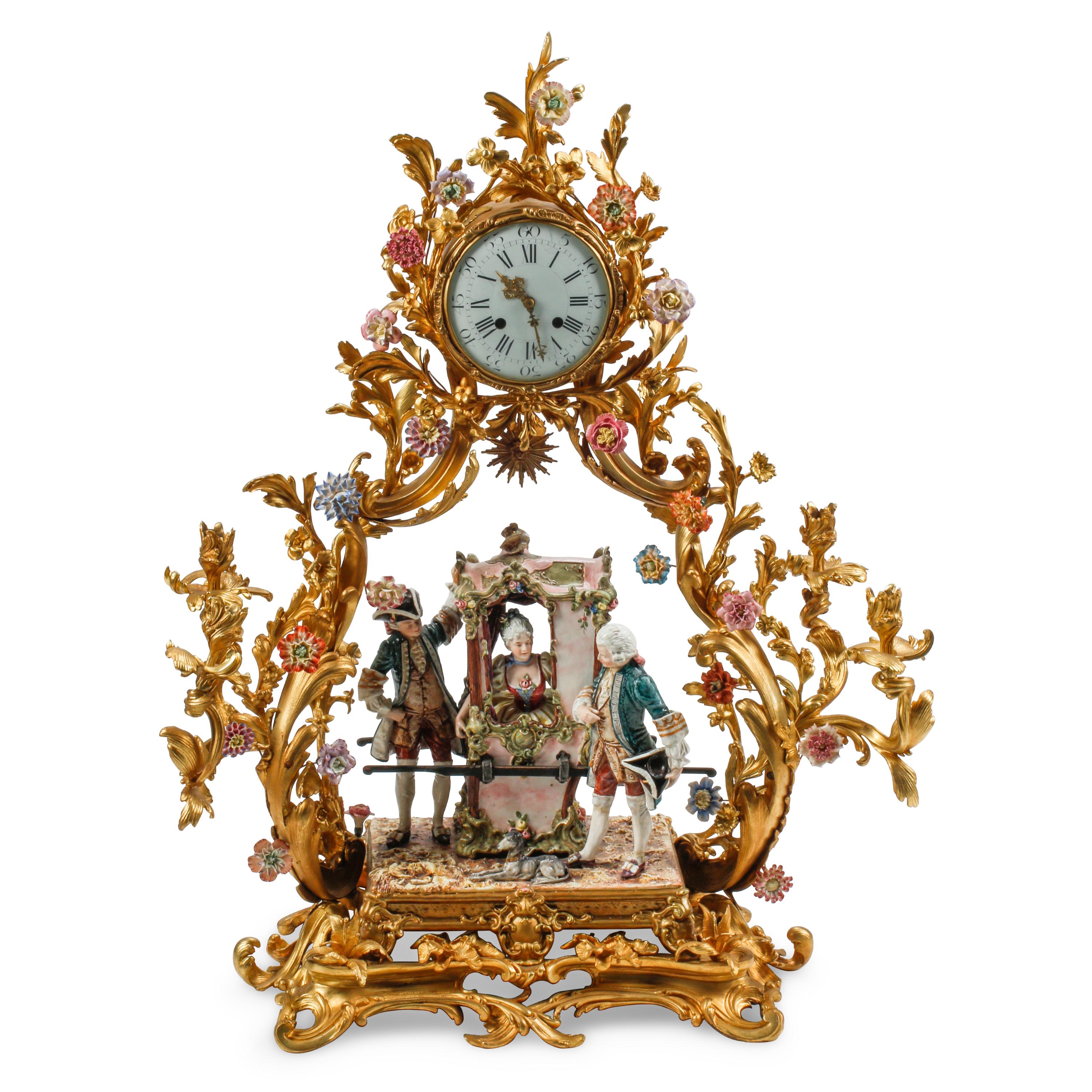 A Large Louis XV Style Gilt Bronze and Porcelain Mounted Clock