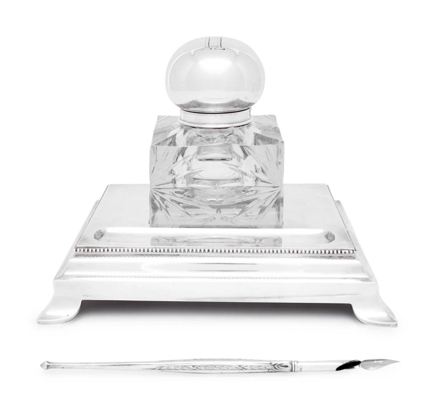 A Russian Silver Mounted Cut Glass Inkwell and Stand