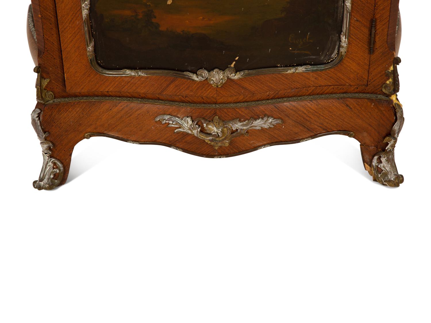 A Louis XV Style Gilt Bronze Mounted Parquetry and Vernis Martin Marble-Top Cabinet