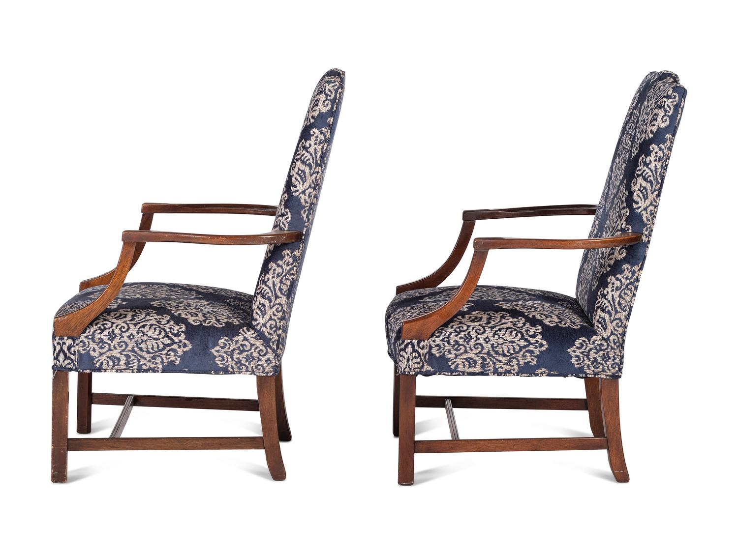 A Pair of George III Style Mahogany Upholstered Armchairs