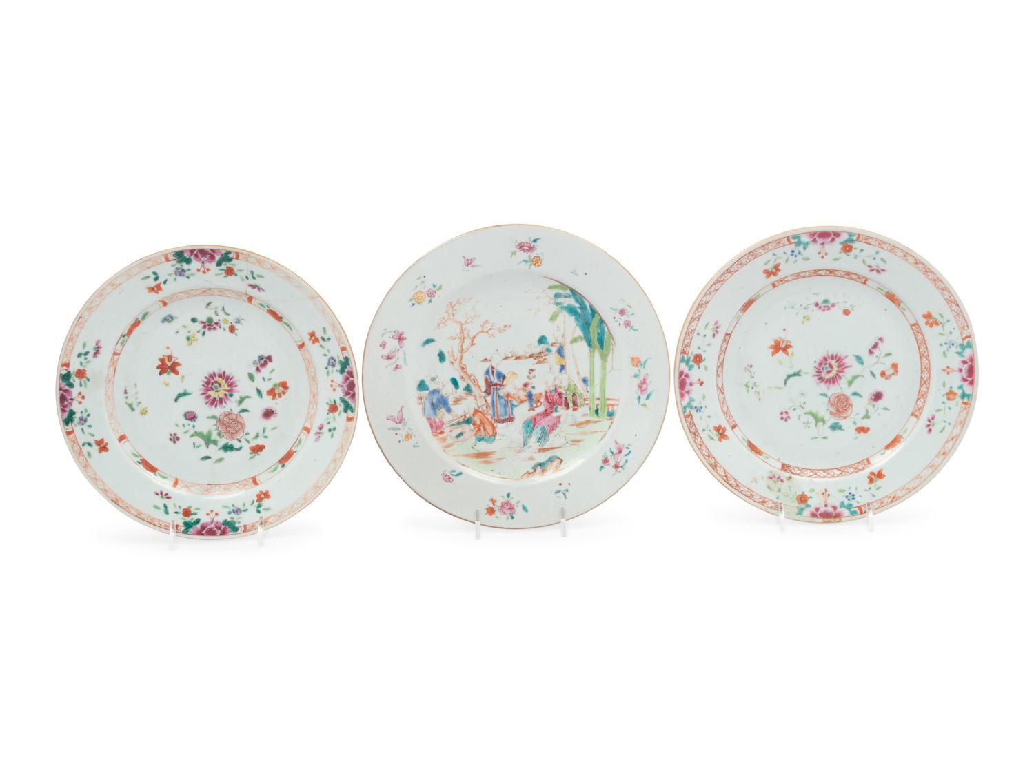 Three Chinese Export Famille Rose Porcelain Plates