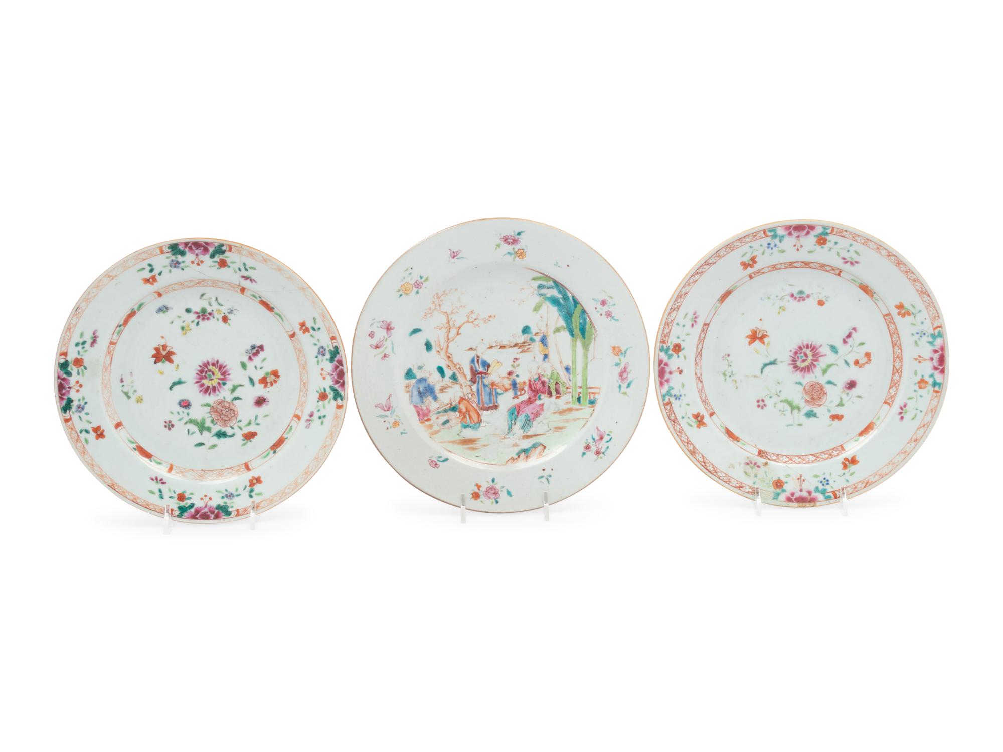 Three Chinese Export Famille Rose Porcelain Plates