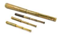 A Group of Four Brass Body Hand Telescopes Length of longest 14 1/2 inches (when collapsed).