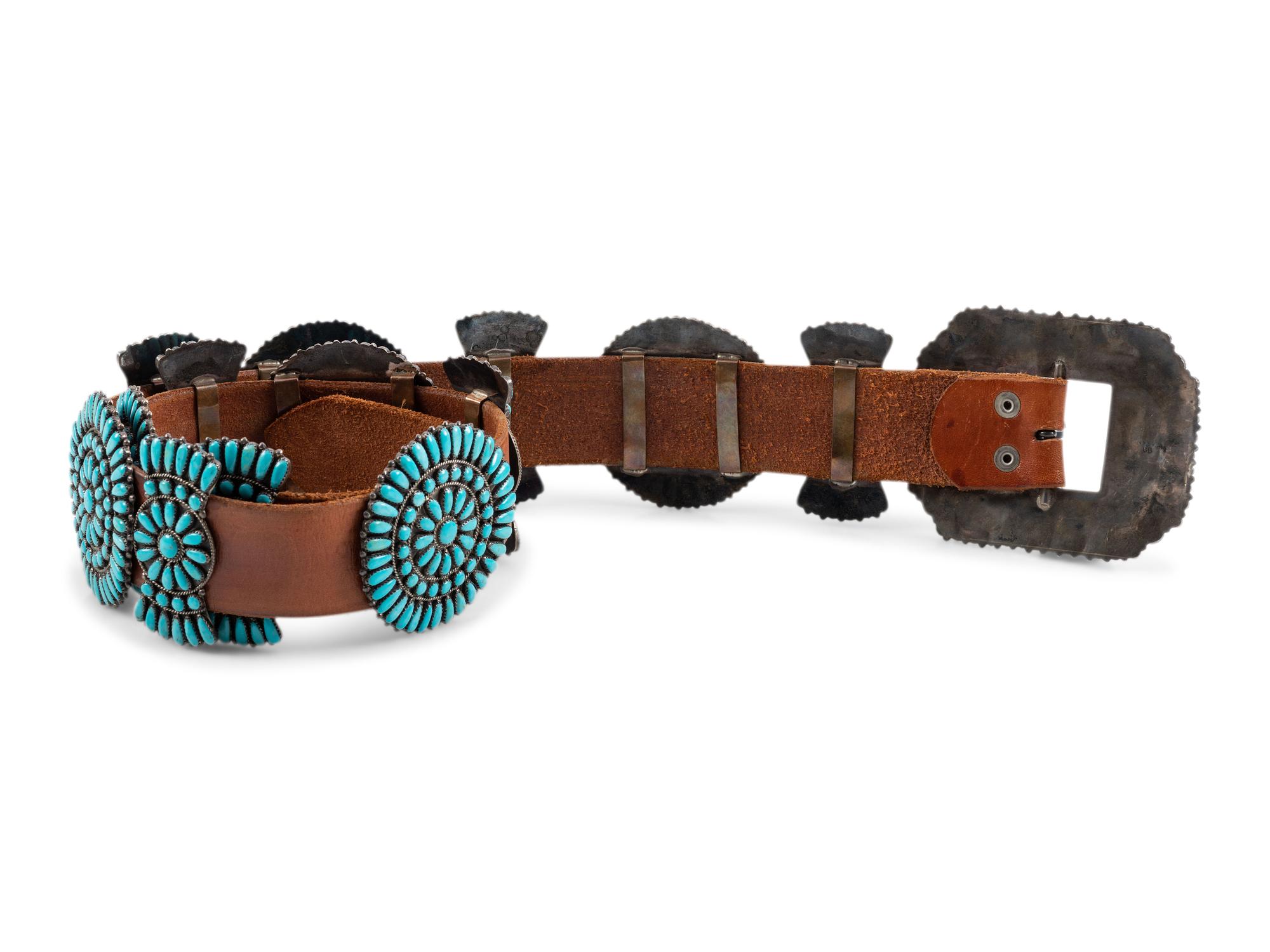 Navajo or Zuni Sterling Silver and Turquoise Cluster Concha Belt