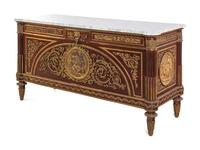 A Louis XVI Style Gilt Bronze Mounted Mahogany Marble-Top Commode à Vantaux After the Model by Guillaume Benneman