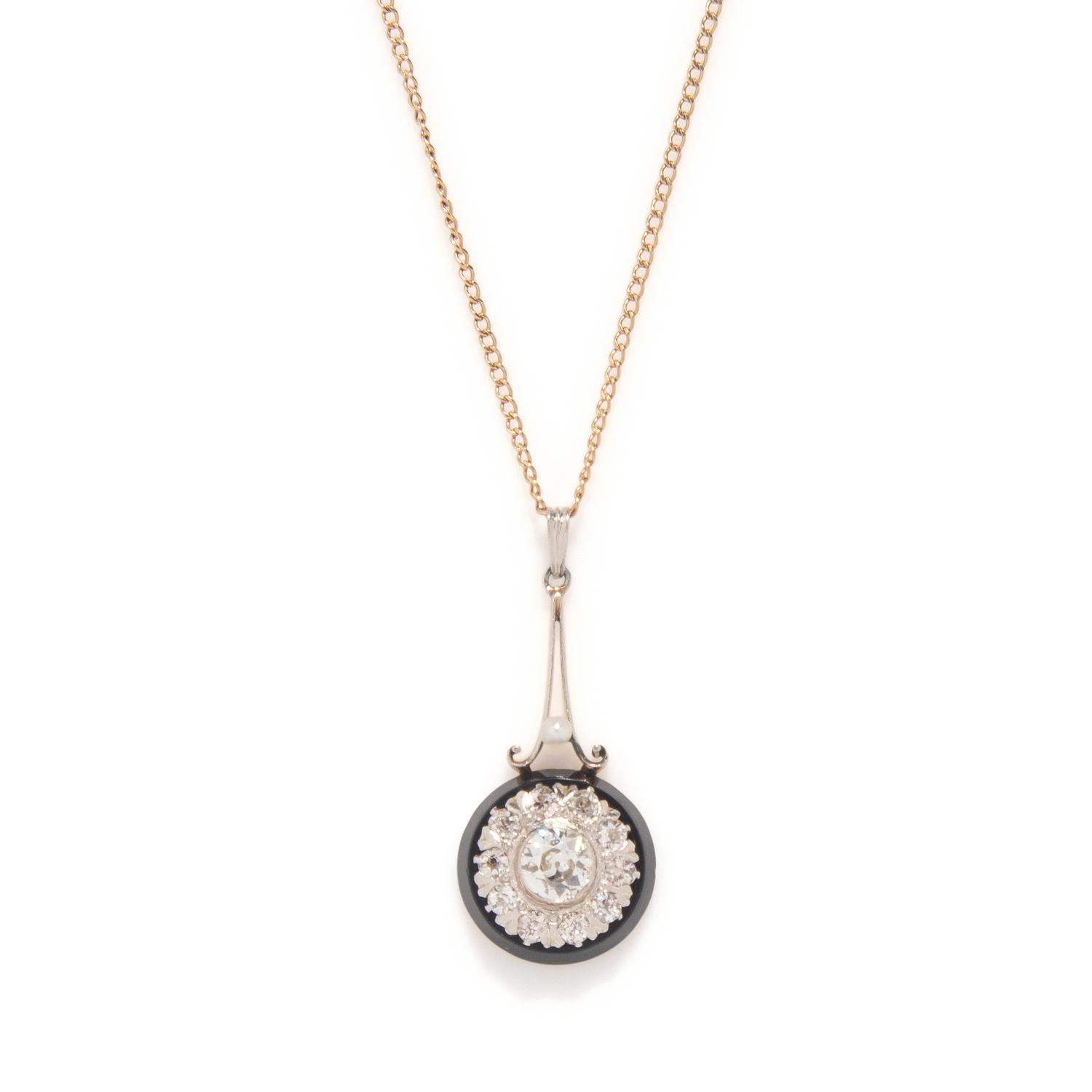 ANTIQUE, DIAMOND AND BLACK ONYX PENDANT