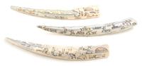 Three Russian Carved Walrus Tusks, Chukchi, Length of longest 18 1/4 inches.
