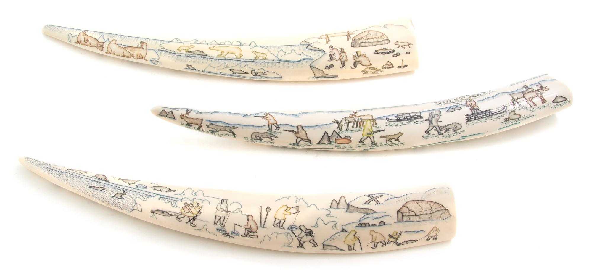 Three Russian Carved Walrus Tusks, Chukchi, Length of longest 18 1/4 inches.