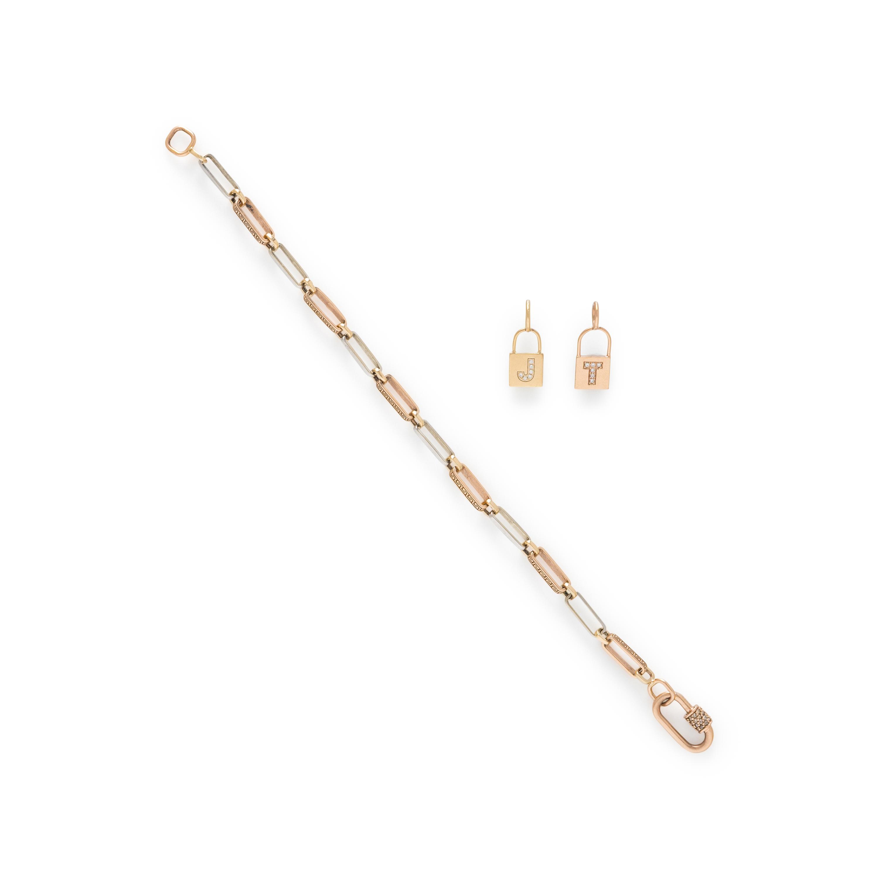 BICOLOR GOLD AND DIAMOND CARABINER BRACELET WITH TWO INITIAL CHARMS