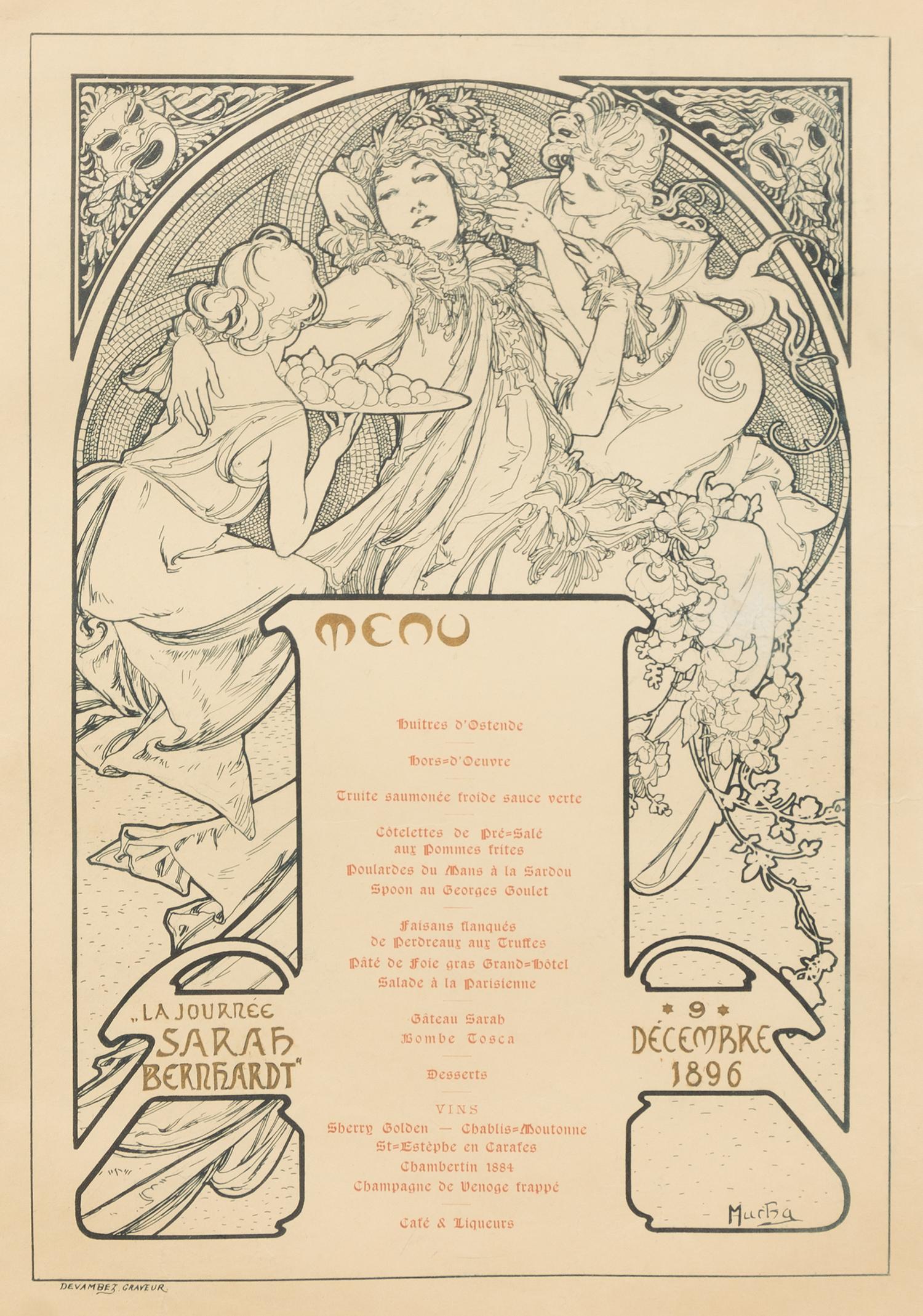 After Alphonse Mucha, (Czech 1860-1939), Menu pour La Journee Sarah Bernhardt, 9 decembre 1896, 1896