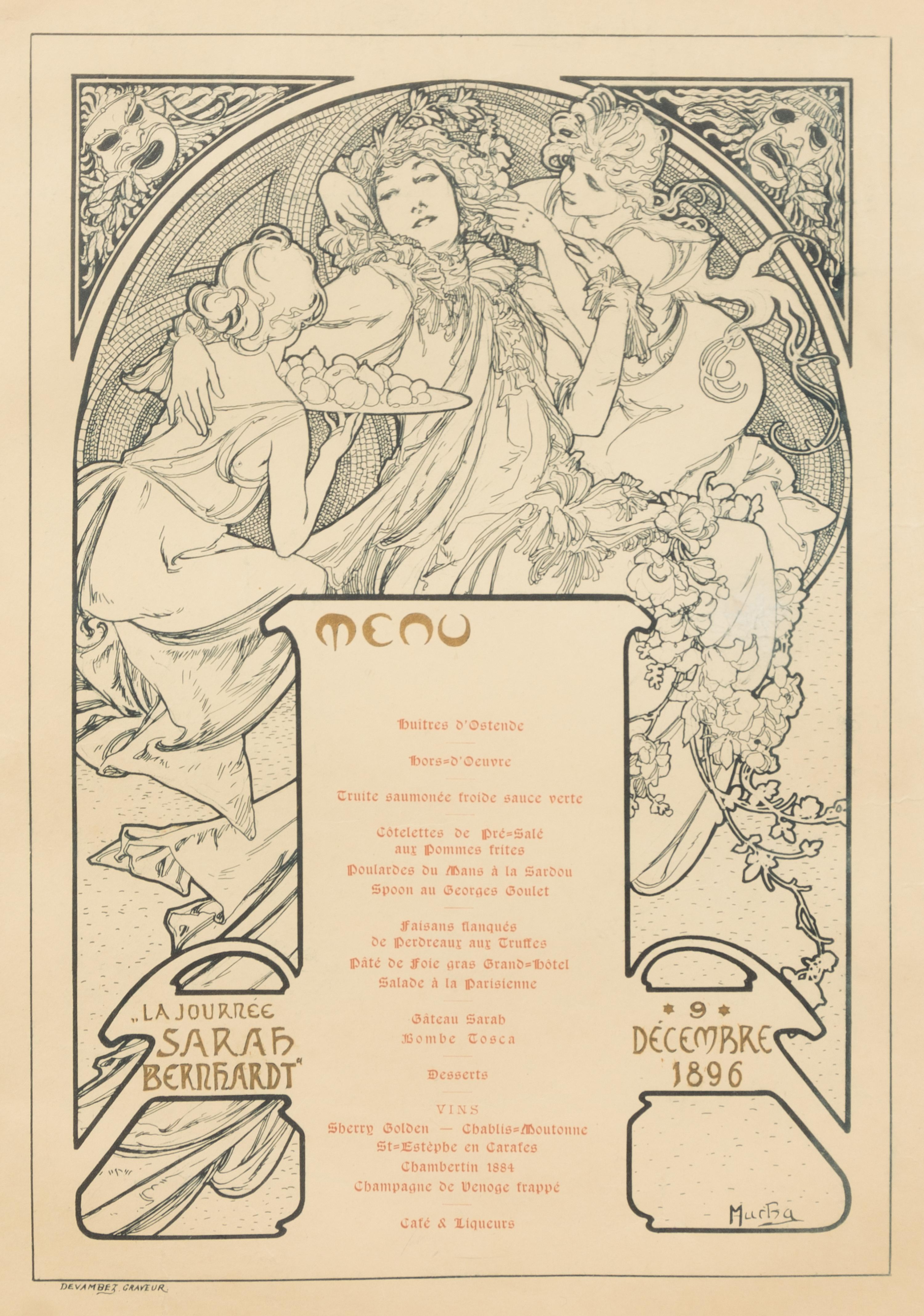 After Alphonse Mucha, (Czech 1860-1939), Menu pour La Journee Sarah Bernhardt, 9 decembre 1896, 1896