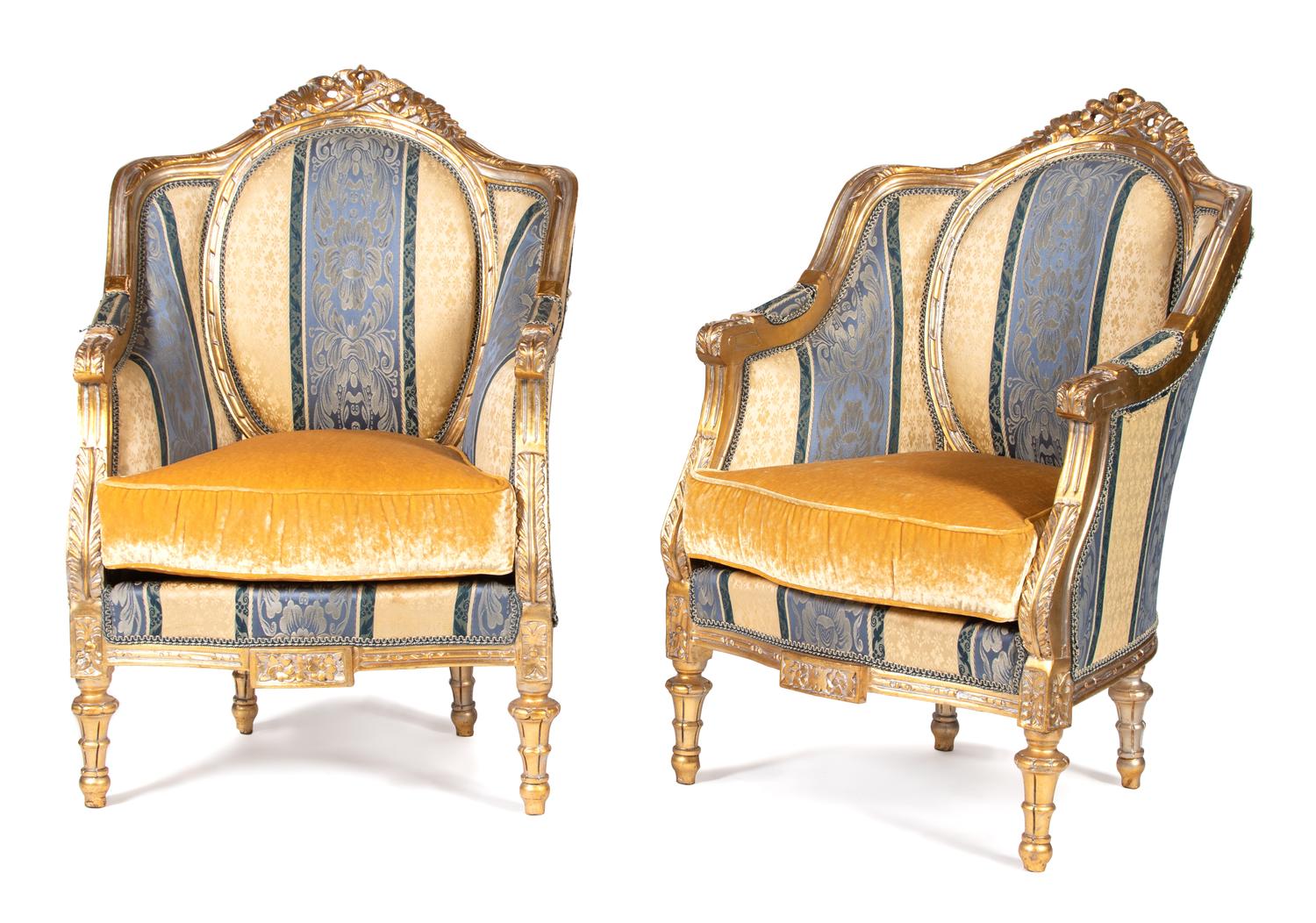 A Pair of Louis XVI Style Carved Giltwood Bergeres Height 45 1/2 inches. — EARLY 20TH CENTURY