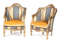 A Pair of Louis XVI Style Carved Giltwood Bergeres Height 45 1/2 inches. — EARLY 20TH CENTURY