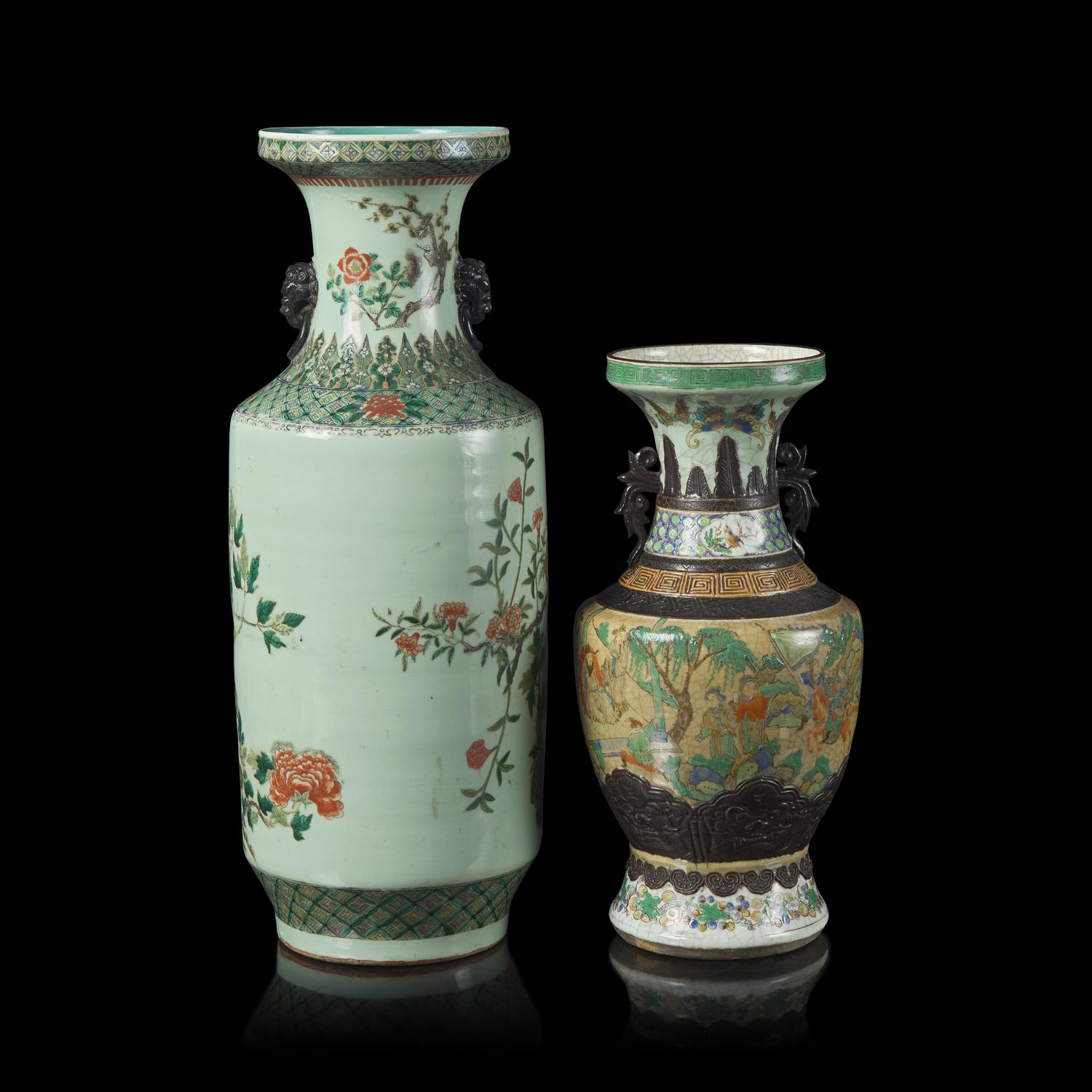 Two Chinese Famille Verte Porcelain Vases 五彩盤口瓶兩件