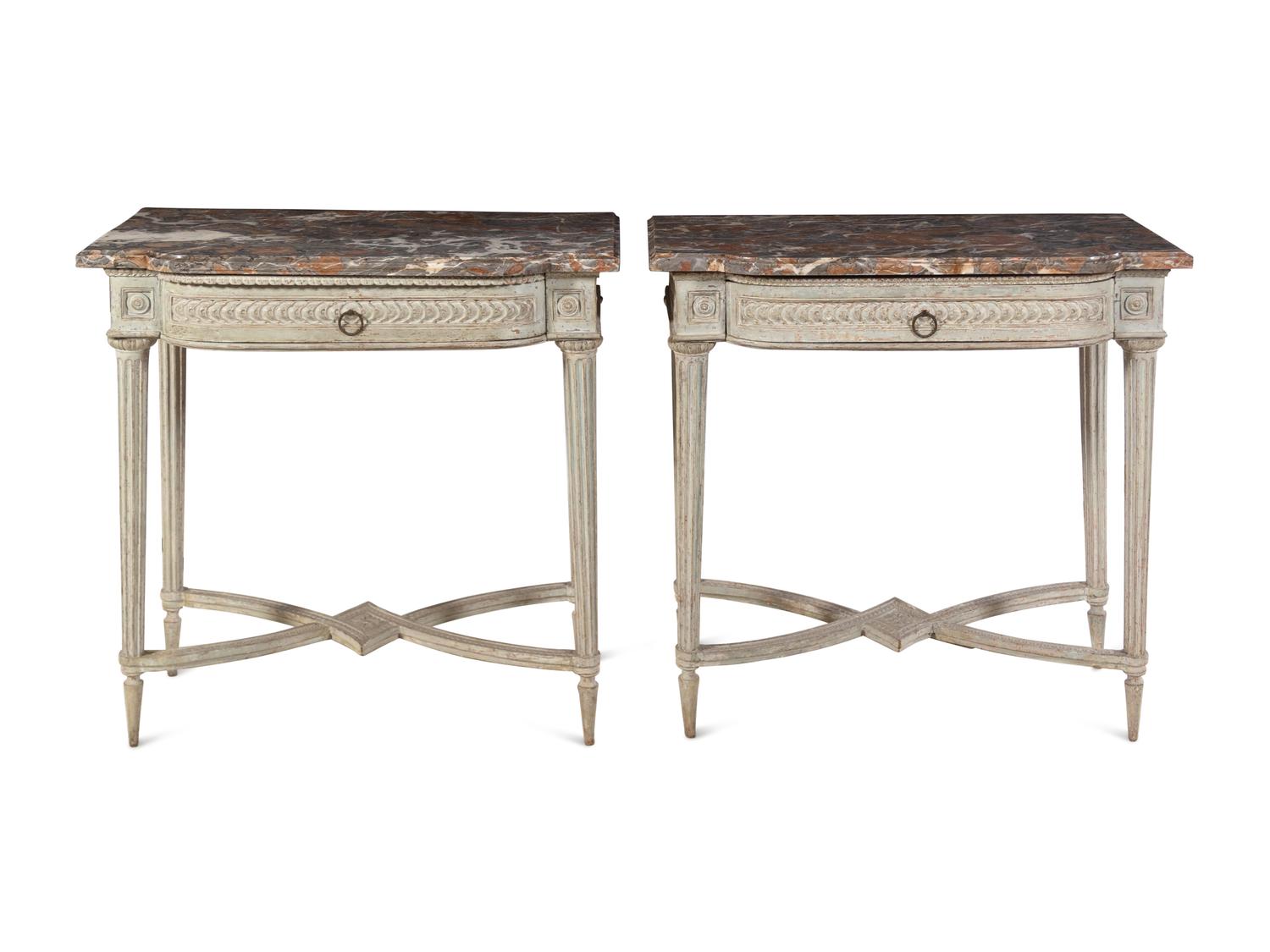 A Pair of Louis XVI Carved and Painted Marble-Top Pier Tables