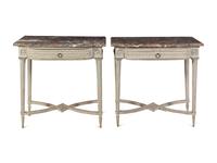 A Pair of Louis XVI Carved and Painted Marble-Top Pier Tables