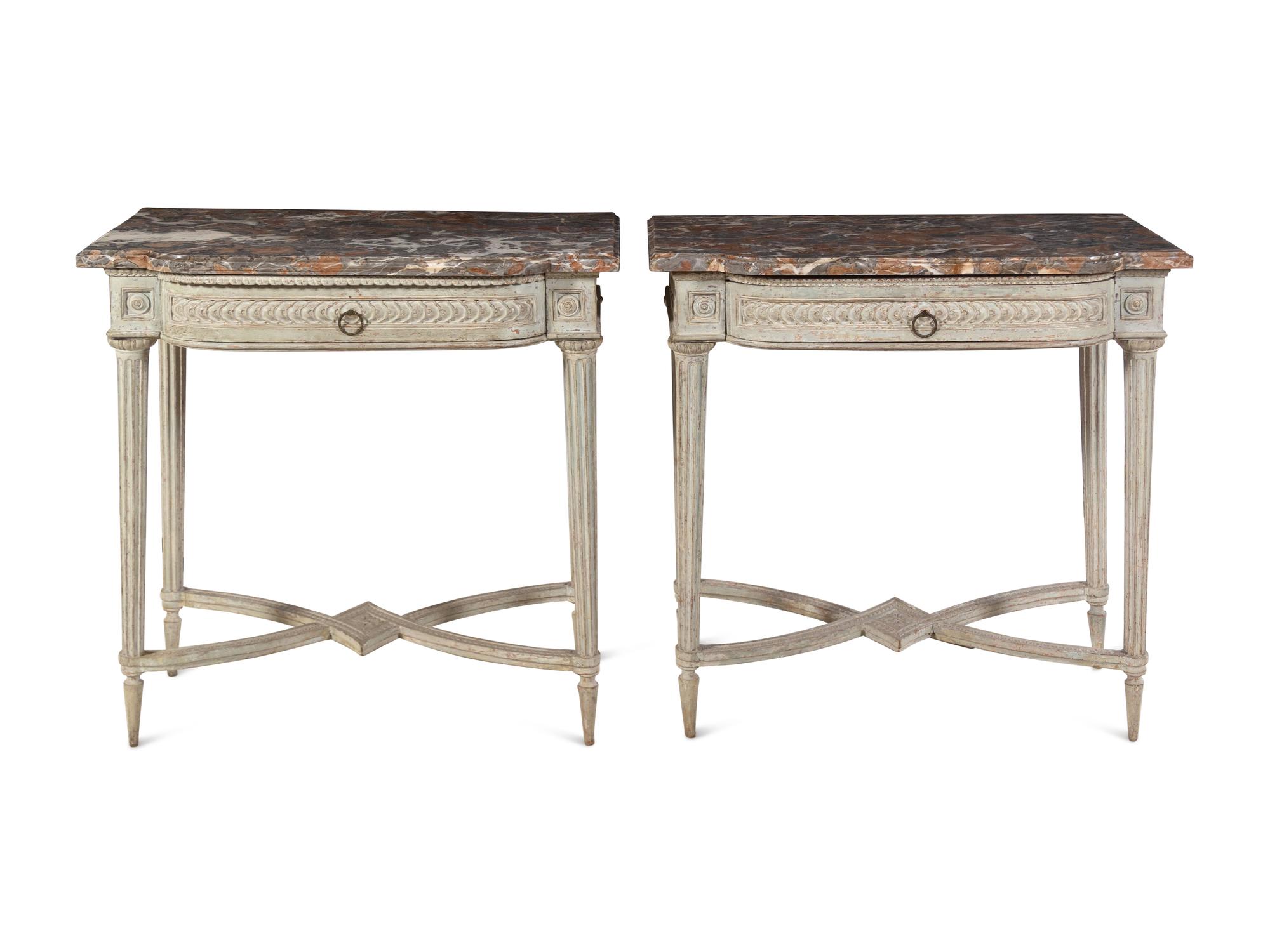 A Pair of Louis XVI Carved and Painted Marble-Top Pier Tables