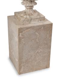 A Pair of Neoclassical Style Faux Marble Painted Terracotta Urns and Stone Plinths