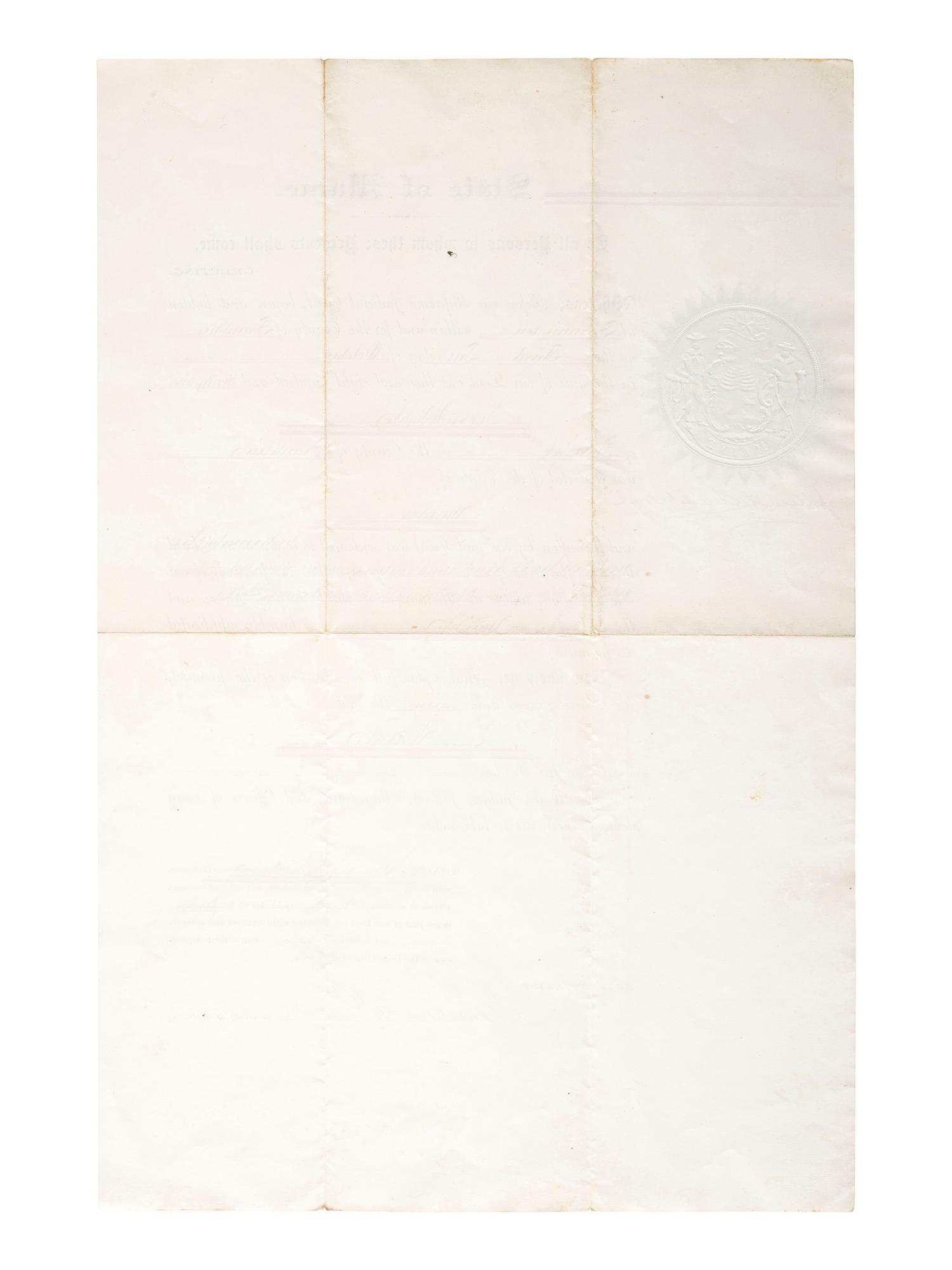 [CIVIL WAR]. CHAMBERLAIN, Joshua L. (1828-1914). Pardon of a murderer signed ("Joshua L. Chamberlain") as Governor of Maine, 22 September 1870.
