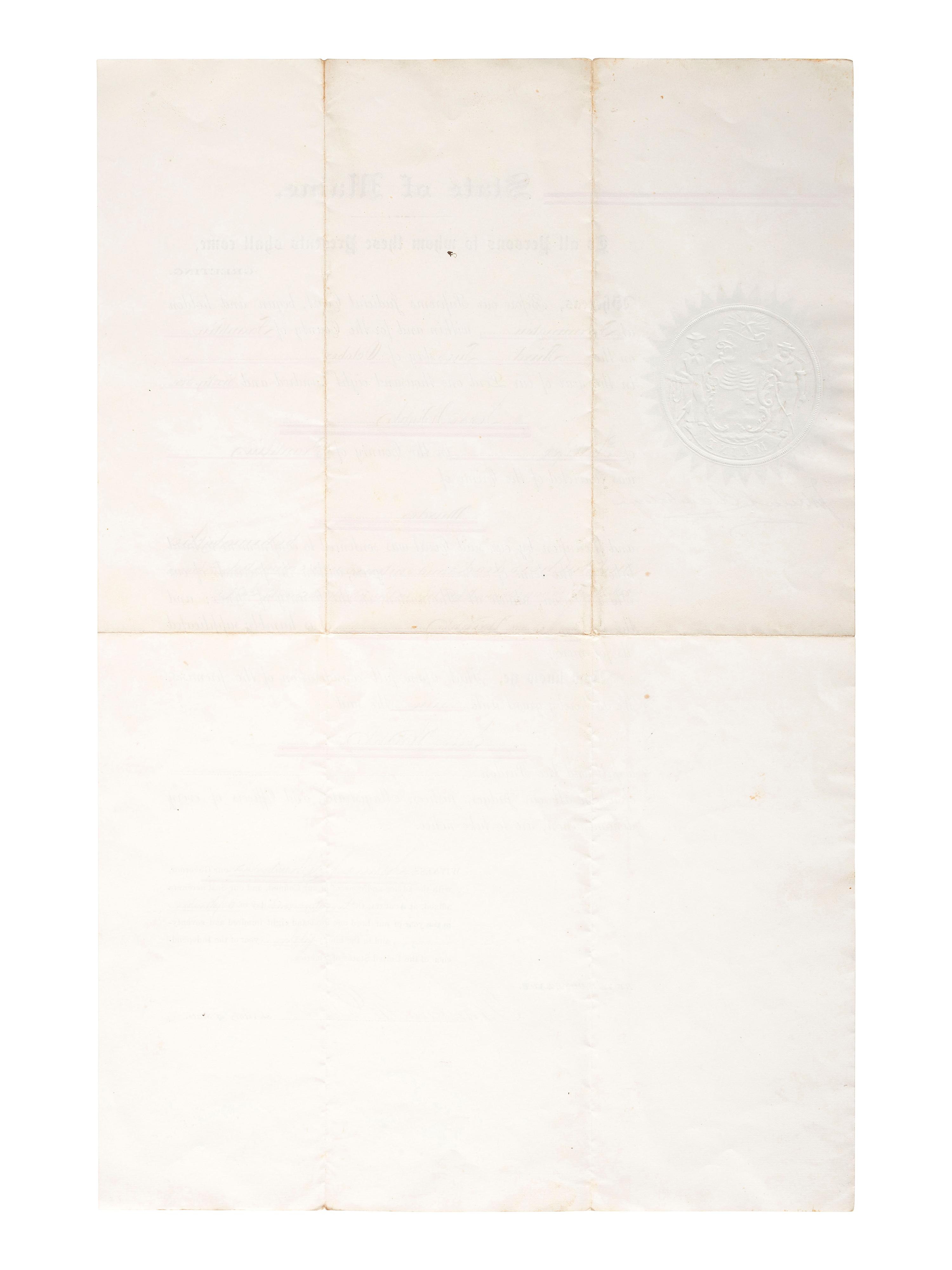 [CIVIL WAR]. CHAMBERLAIN, Joshua L. (1828-1914). Pardon of a murderer signed ("Joshua L. Chamberlain") as Governor of Maine, 22 September 1870.