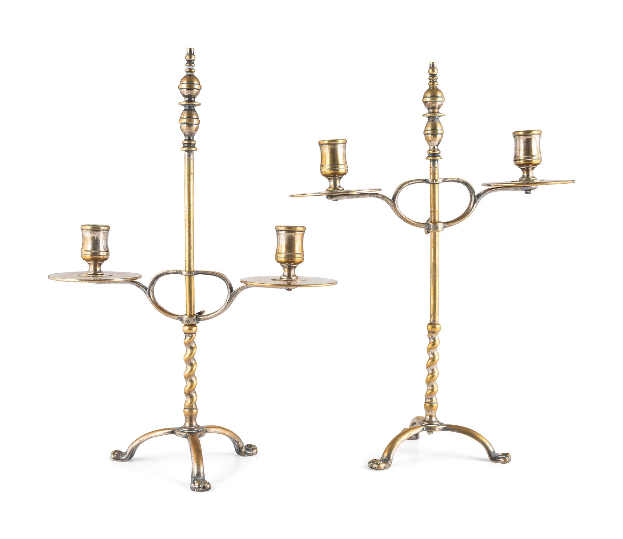 A Pair of Continental Brass Two-Light Telescoping Candelabra