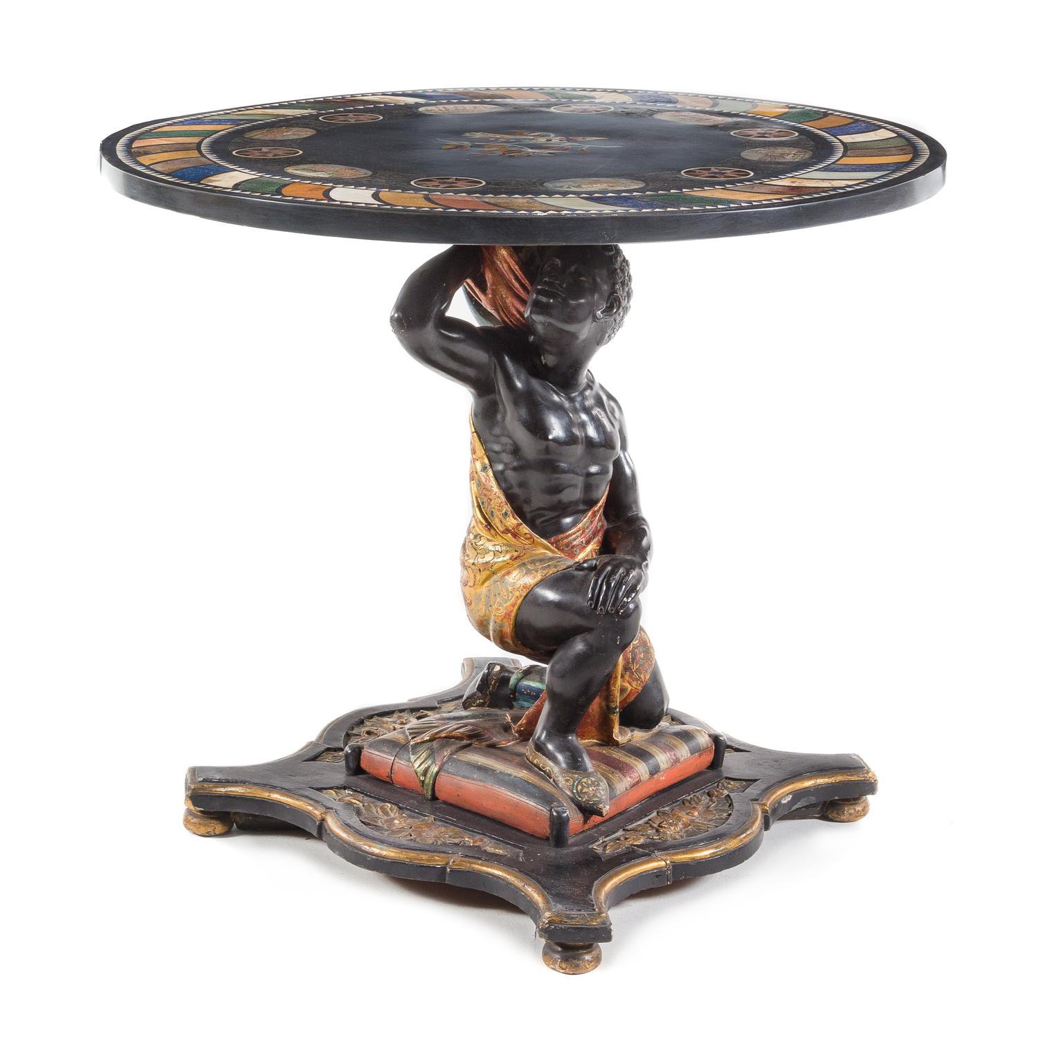 A Venetian Carved, Parcel Gilt and Mosaic Inset Figural Table Height of table 30 x diameter 35 1/2 inches. — 19TH CENTURY AND LATER