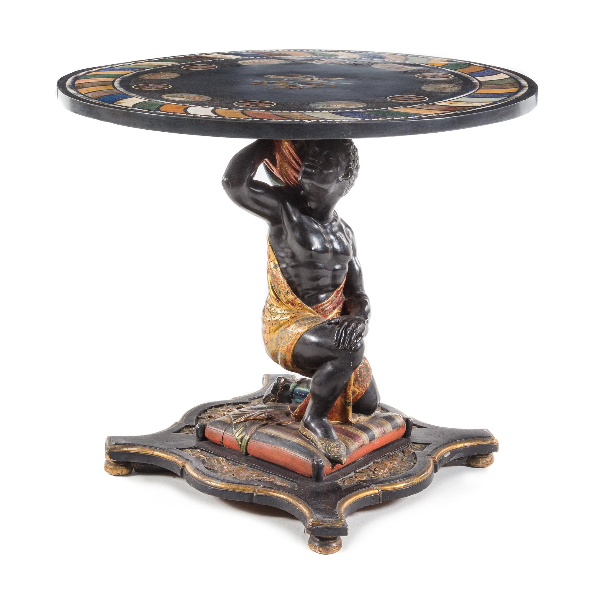 A Venetian Carved, Parcel Gilt and Mosaic Inset Figural Table Height of table 30 x diameter 35 1/2 inches. — 19TH CENTURY AND LATER