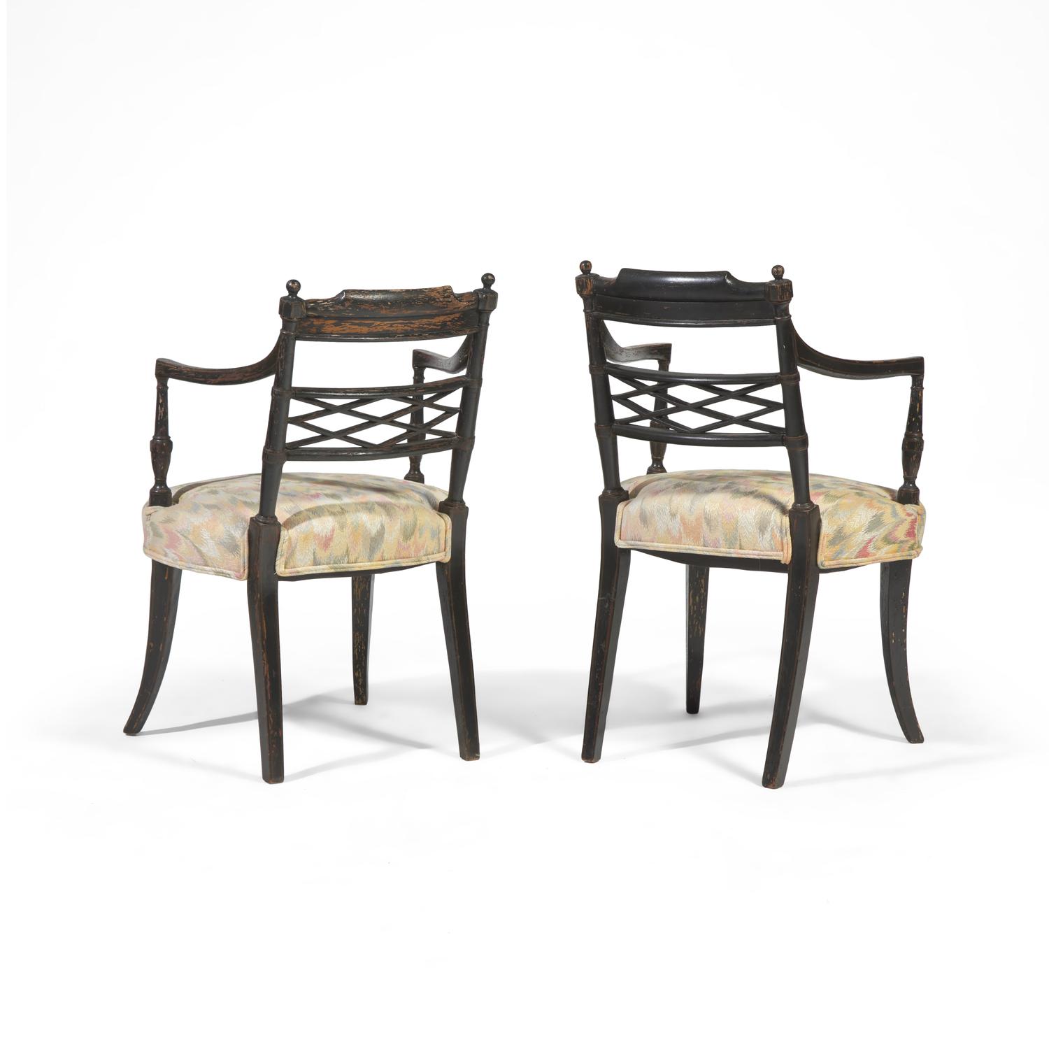 A Pair of Regency Ebonized and Grisaille-Decorated Armchairs