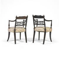 A Pair of Regency Ebonized and Grisaille-Decorated Armchairs