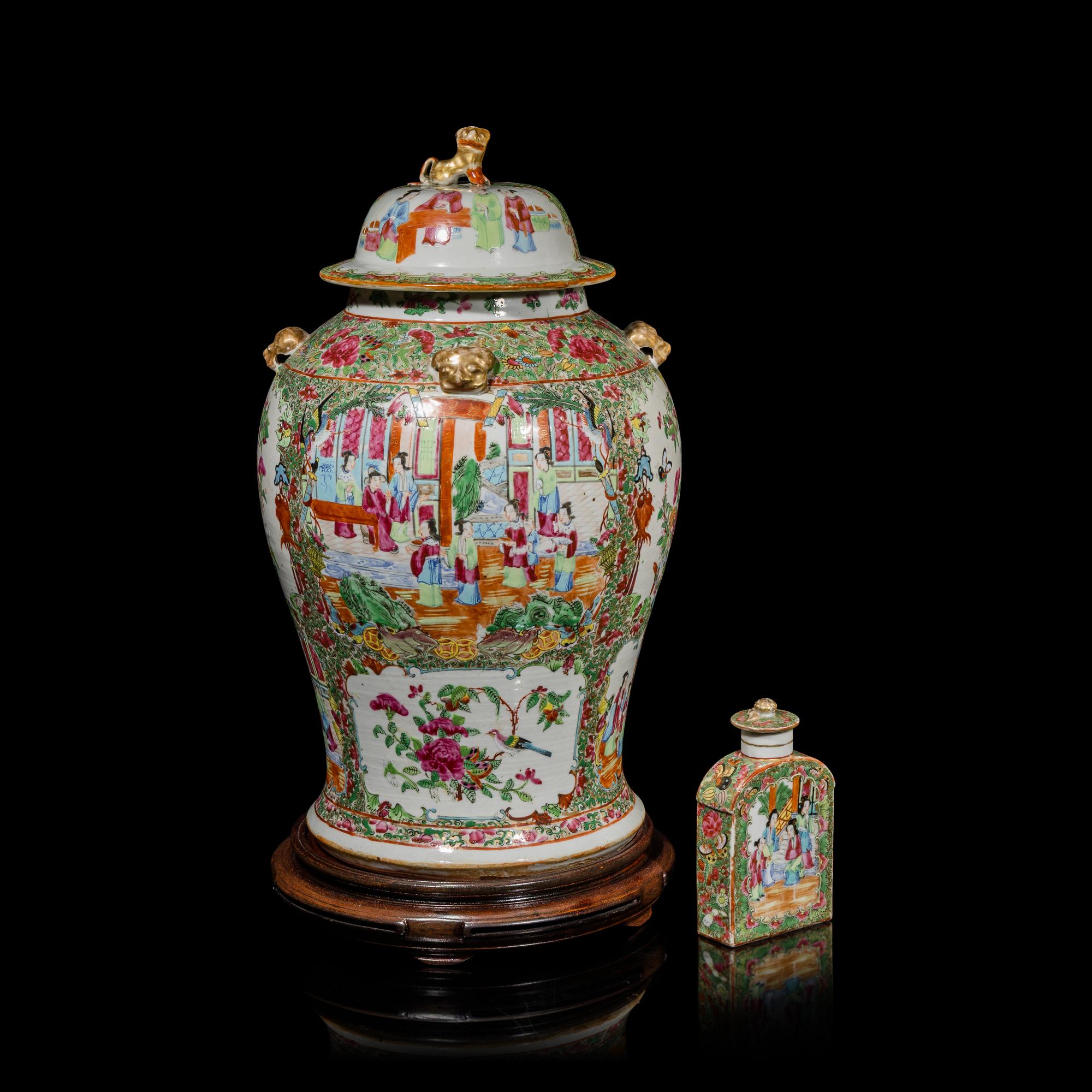 A Chinese Export 'Rose Medallion' Porcelain Covered Jar and A Tea Caddy, 19th Century — 清晚期 廣彩人物故事圖將軍罐及茶葉罐