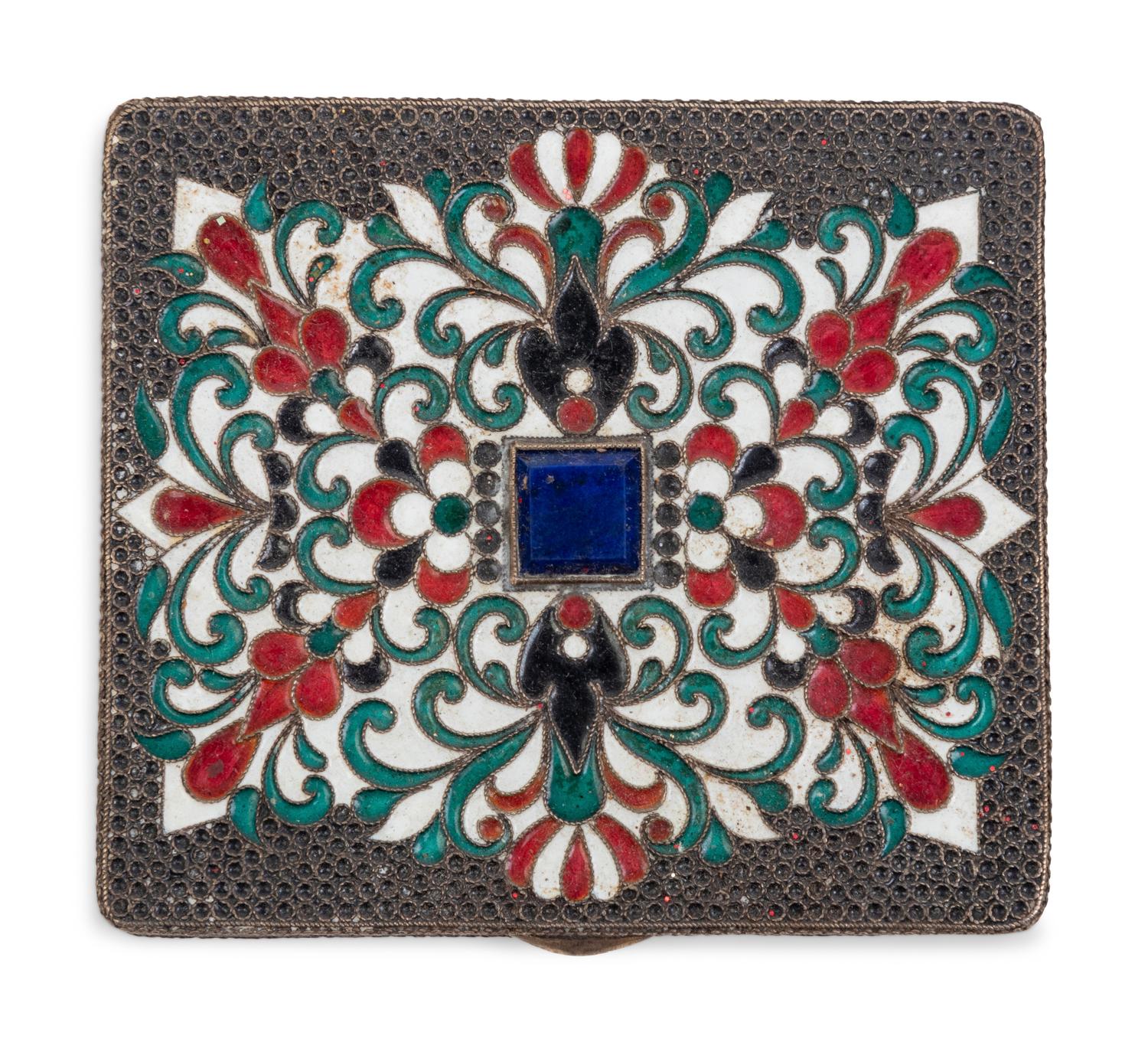 A Russian Enameled Silver and Lapis Lazuli Inset Cigarette Case