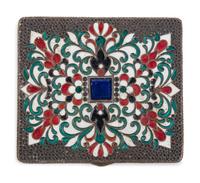 A Russian Enameled Silver and Lapis Lazuli Inset Cigarette Case