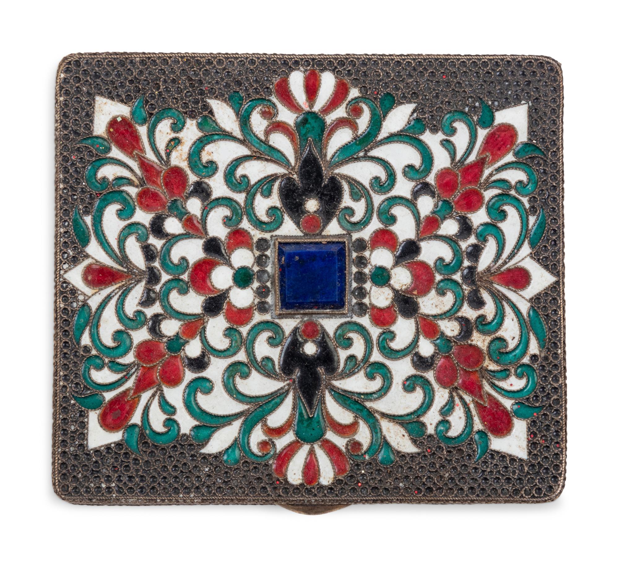 A Russian Enameled Silver and Lapis Lazuli Inset Cigarette Case